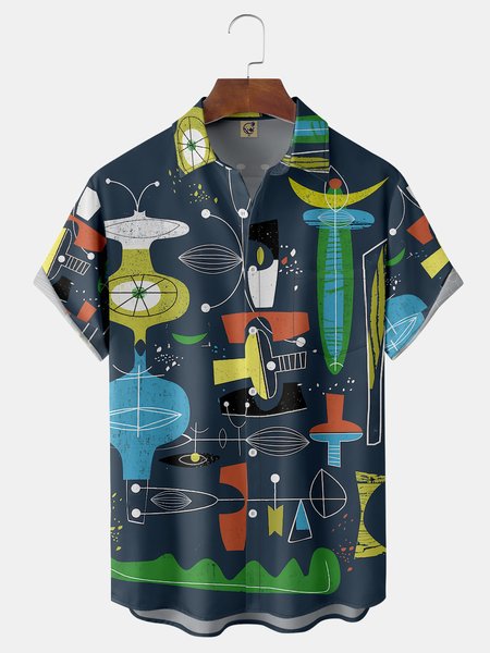 

Geometry Chest Pocket Short Sleeve Casual Shirt, Blue, Men Shirts