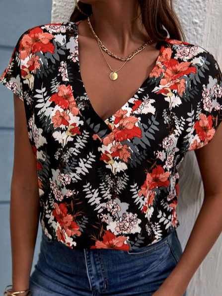 

Regular Fit V Neck Casual Floral T-Shirt, Black, T-Shirts