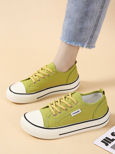 

Casual Plain Color Split Joint Comfy Square Toe Lace-Up Canvas Shoes, Green, Sneakers
