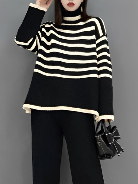 

Urban Turtleneck Loose Striped Long Sleeve Sweater, Black-white, Pullovers