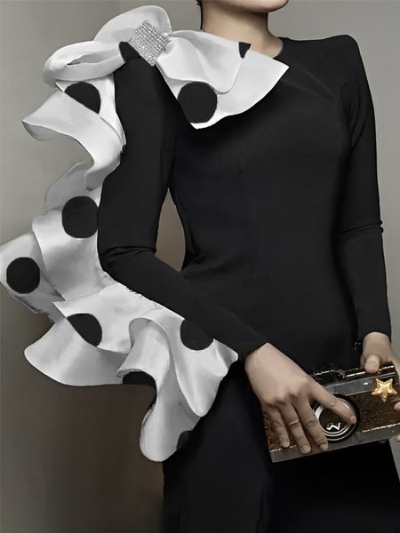 

Elegant Polka Dots Tight Long Sleeve Blouse, Black-white, Blouses and Shirts
