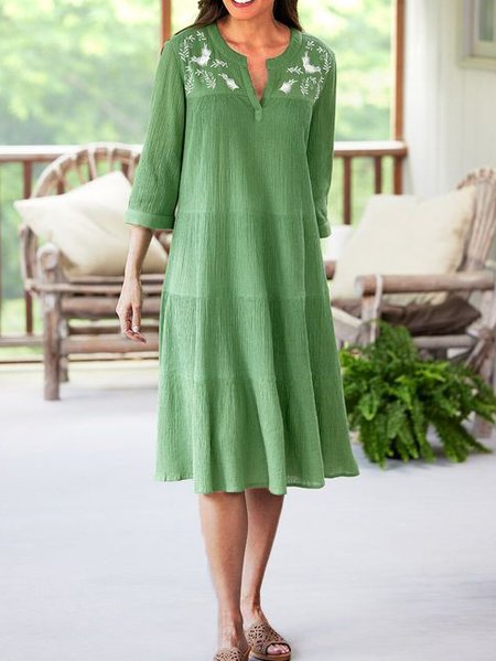 

Floral Crew Neck Casual Dress, Green, Midi Dresses