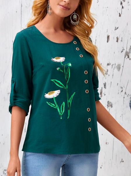 

Boho Floral Crew Neck Blouse, Green, Shirts & Blouses
