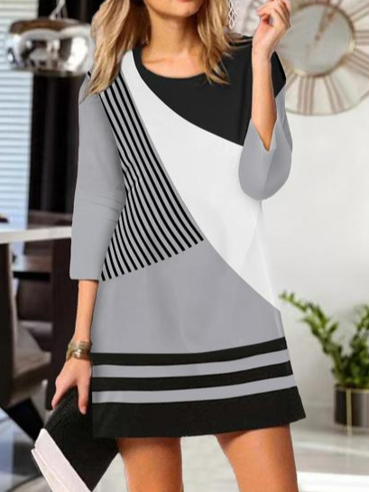 

Geometric Crew Neck Loose Dress, Multicolor, Dresses