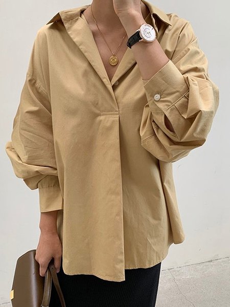 

Long sleeve Simple Loose Shirt Collar Plain Blouse, Khaki, Blouses and Shirts