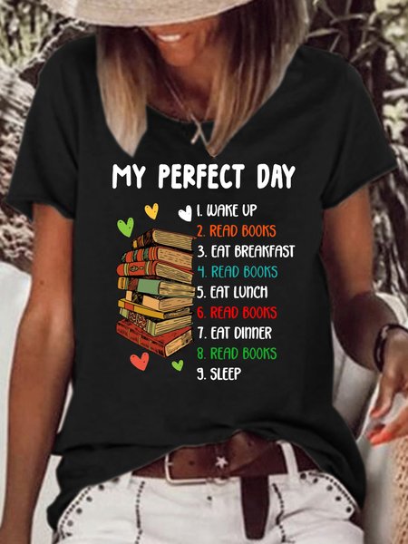 

Women's My Perfect Day Read Books Funny Reading Book Lover Crew Neck Casual Text Letters T-Shirt, Black, T-shirts