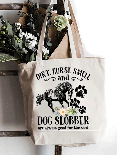 

Cute Horse And Dog Flower Dirt Horse Smell Simple Shopping Tote, White, Bags