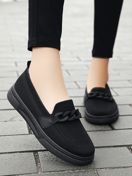Breathable Chain Decor Casual Mesh Fabric Flat Loafers, Black, Flats