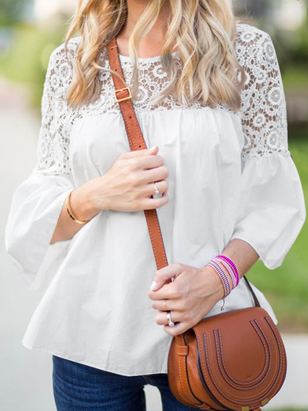 

Plain Crew Neck Loose Boho Top, White, Tops