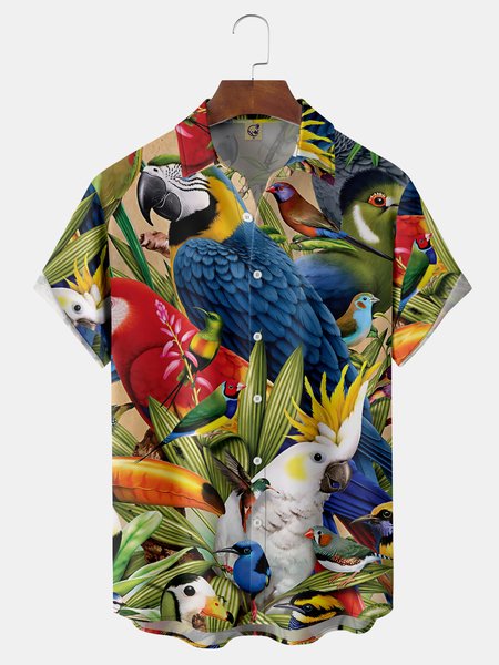 

Parrot Chest Pocket Short Sleeve Hawaiian Shirt, Green, Men Shirts