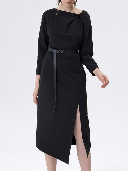 

Regular Fit Plain Crew Neck Urban Daily Dress, Black, Midi Dresses