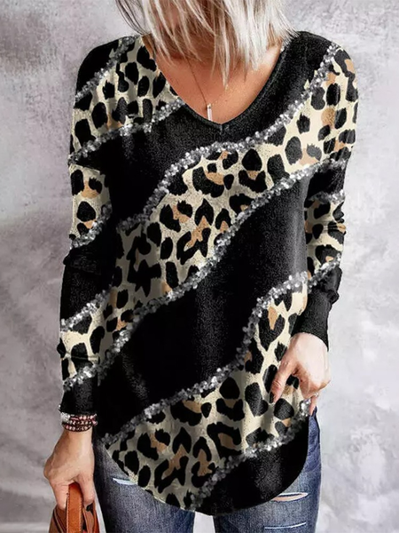

Loose Casual Leopard T-Shirt, Black, T-Shirts