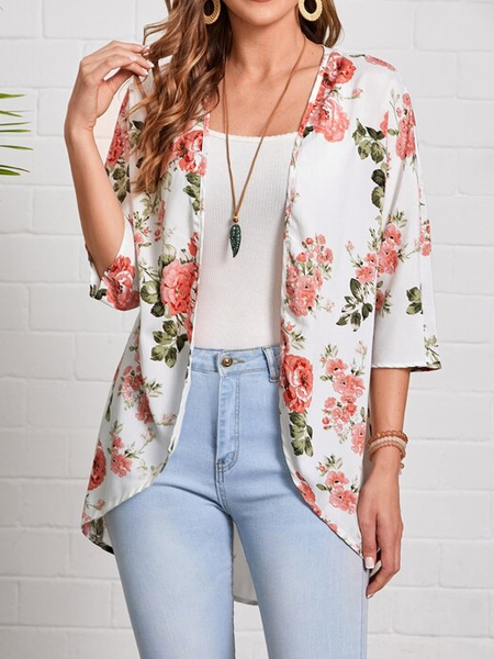 

Casual Floral Loose Other Coat, White, Cardigans