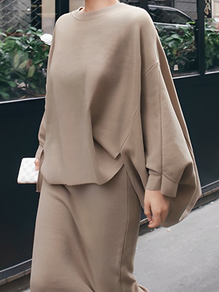 

Simple Crew Neck Plain Batwing Sleeve Sweatshirt, Light camel, Hoodies and Sweatshirts