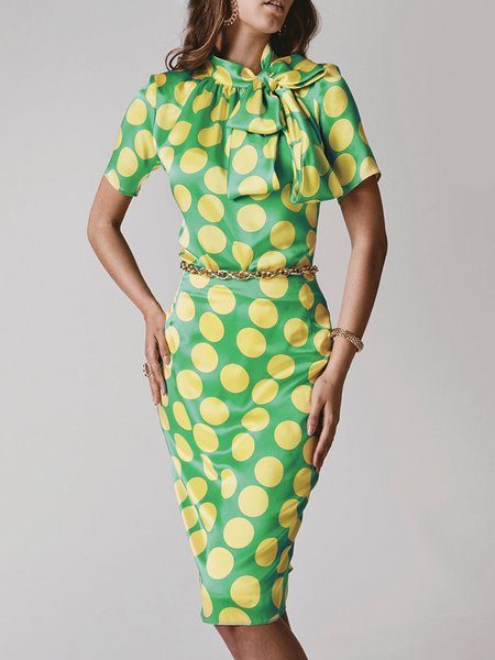 

Short sleeve Elegant Regular Fit Polka Dots Dress, Green, Mini Dresses