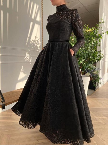 

Stand Collar Plain Regular Fit Elegant Dress, Black, Maxi Dresses