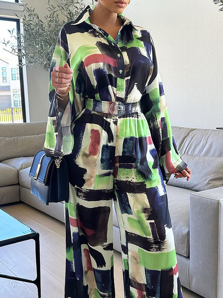 

Geometric Loose Urban Shirt Collar Long sleeve Blouse, Green, Blouses and Shirts