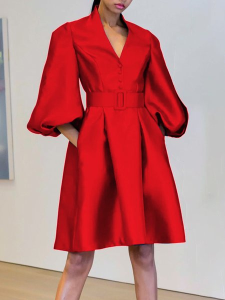 

Elegant Regular Fit V Neck Dress, Red, Mini Dresses