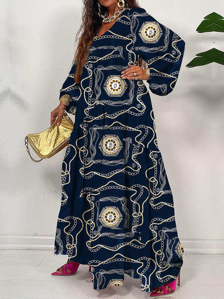 

Loose V Neck Long sleeve Geometric Urban Long Dress, Blue, Maxi Dresses