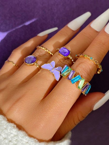 

7Pcs Boho Casual Butterfly Pattern Geometric Ring Set Beach Vacation Party Jewelry, Purple, Rings