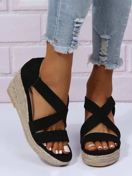 

Plus Size Slip On Wedge Heel Espadrille Sandals, Black, Sandals