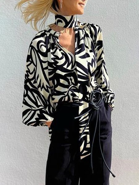 

Long sleeve Urban Abstract Stripes Loose Blouse, Black-white, Blouses and Shirts