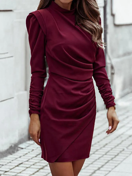 

Elegant Stand Collar Regular Fit Long sleeve Plain Skirt Dress, Wine red, Mini Dresses
