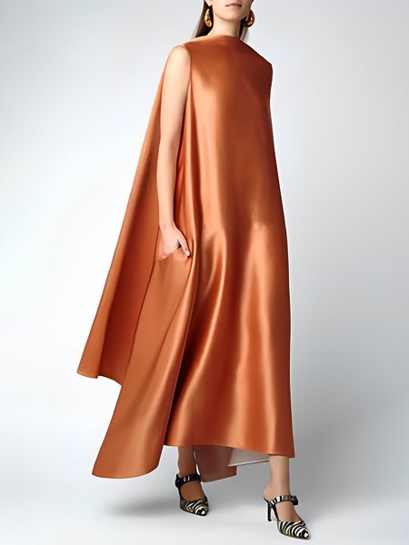 

Sleeveless Elegant Loose Plain Long Dress, Orange, Maxi Dresses