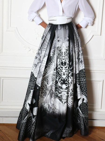 

Loose Elegant Abstract Stand Collar Long Skirt, Black, Skirts
