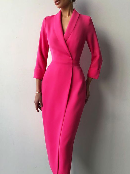 

Regular Fit Shawl Collar Elegant Three Quarter Plain Midi Dress, Red, Midi Dresses