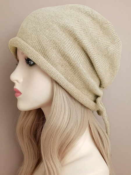 

Drawstring Detail Slouchy Beanie, Khaki, Women Hats