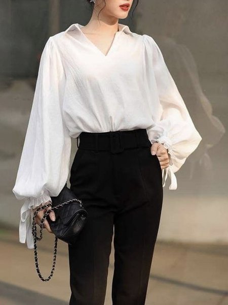 

Long sleeve Plain Regular Fit Elegant Shirt Collar Blouse, White, Blouses and Shirts