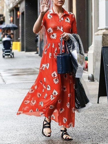 

Short sleeve Elegant Regular Fit Shirt Collar Dress, Red, Midi Dresses