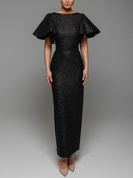 

Crew Neck Elegant Plain Regular Fit Long Party Dress, Black, Maxi Dresses