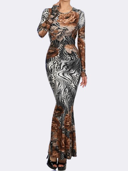 

Floral Regular Fit Crew Neck Elegant Dress, Multicolor, Maxi Dresses