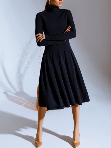 

Turtleneck Elegant Plain Regular Fit Dress, Dark blue, Midi Dresses