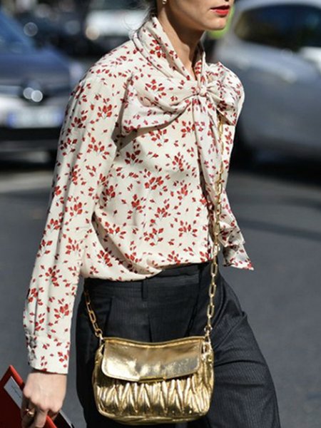 

Long sleeve Others Satin Floral Elegant Blouse, Apricot, Blouses and Shirts