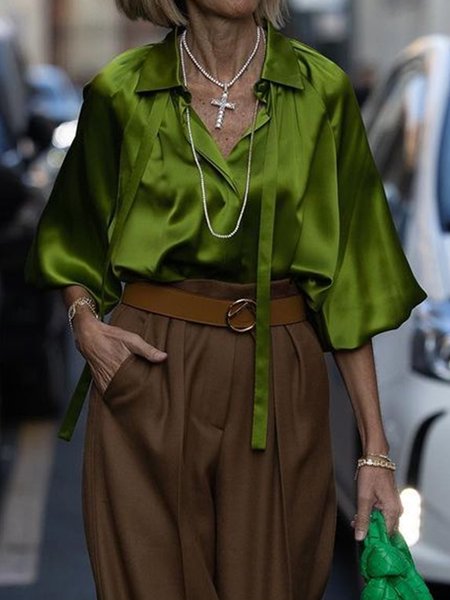 

Urban Loose Plain Shirt Collar Blouse, Green, Blouses and Shirts