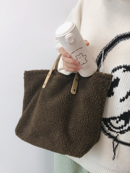 

Pure Color Lambswool Large Capacity Handbag, Coffee, Women's Bags