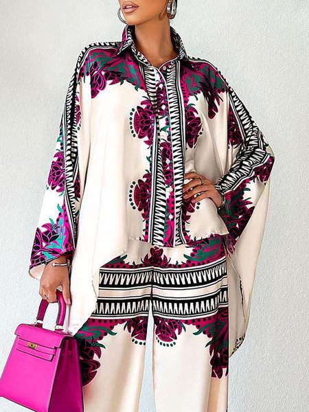 

Elegant Shirt Collar Loose Floral Long Sleeve Blouse, Multicolor, Blouses and Shirts