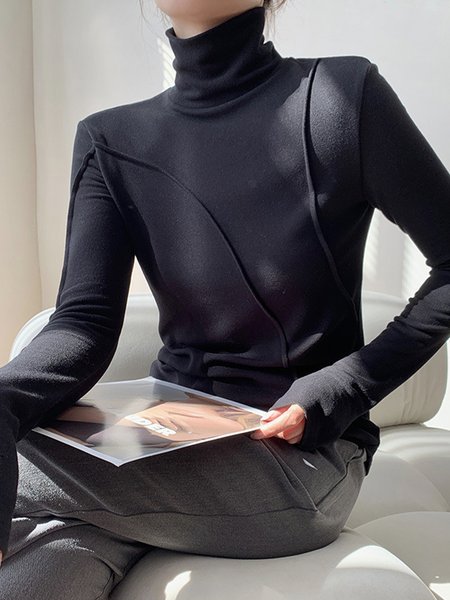 

Simple Turtleneck Tight Long Sleeve T-Shirt, Black, Tees