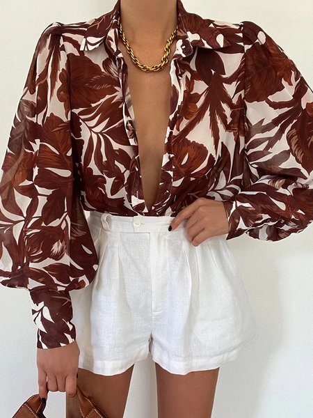 

Shirt Collar Vacation Loosen Long Sleeve Blouse, As picture, Blouses and Shirts