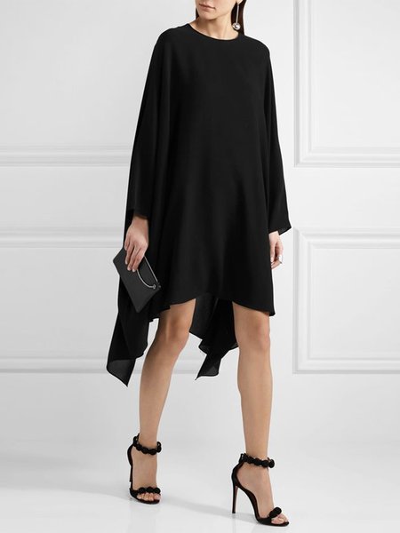 

Crew Neck Plain Loose Urban Long Sleeve Midi Dress, Black, Midi Dresses