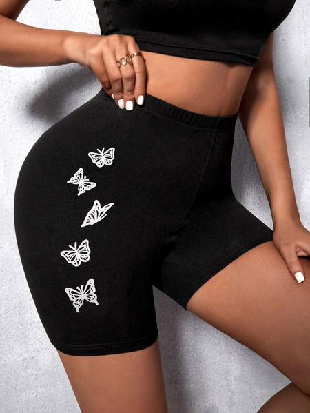 

Butterfly Color Block Casual Tight Leggings, Black, Shorts