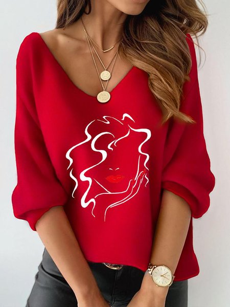 

Abstract Print V Neck Casual Top, Red, Linen Tops