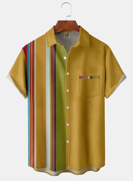 

Mexican Stripe Chest Pocket Short Sleeve Casual Shirt, Yellow, Men Shirts