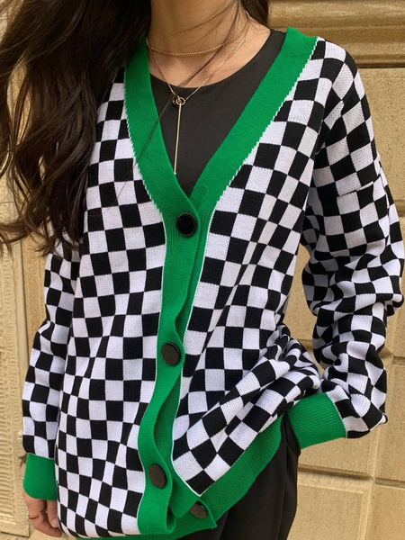 

Plaid Wool/Knitting Elegant V Neck Sweater, Multicolor, Pullovers