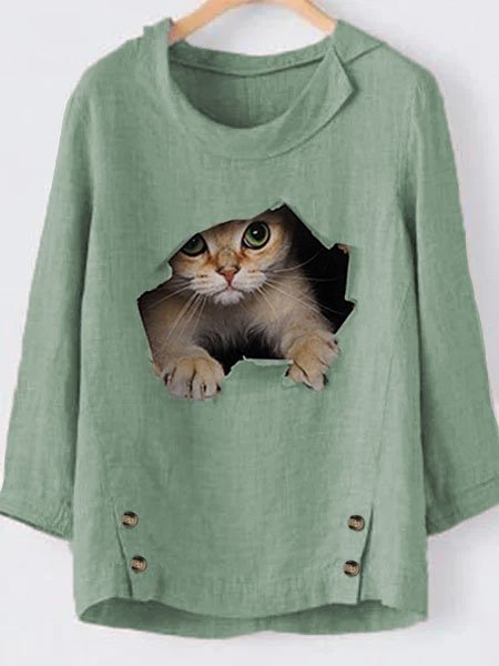

Solid Button Up Crew Neck Casual Cat Cotton And Linen Top, Green, Tunics
