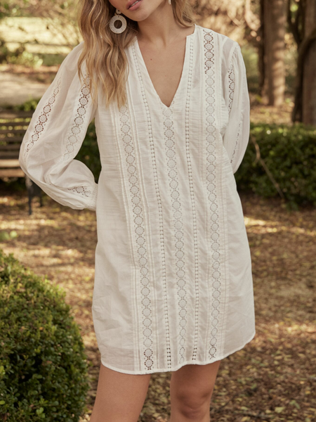 

Plain V Neck Vacation Loose Dress, White, Mini Dresses