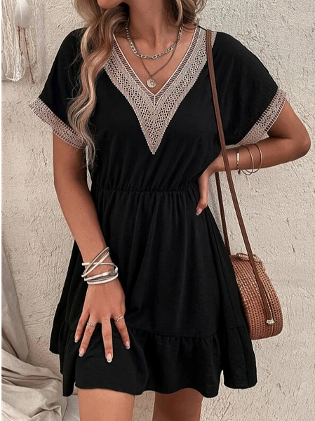 

Plain V Neck Loose Casual Dress, Black, Mini Dresses